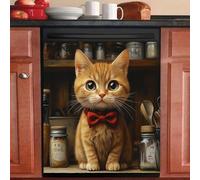 Magnetic Stickers Red Bow Cat Dishwasher Magnet Cover Reusable Trimmable Refrigerator Magnets Kitchen Decor Home Cabinet Appliances Magnetic Sheet 58.5x65 cm /3pcs
