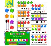 Magnetic Ten-Frame Set, 6 Frames & 66 Colorful Star-shaped Counters Ten Frame Math Games Manipulative Counting Toys for Kindergarten Preschool, 6 Colors & 2 Markers (Fridge & Hand-held)