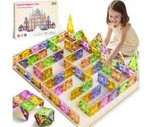 Magnetic Tiles Building Blocks, 60pcs Magnetic Blocks with Big Playboard Box, 5CM Magnet Tiles Construction Stacking Toys Educational Christmas Birthday Gifts for Boys Girls 3 4 5 6 7 8 Year Old