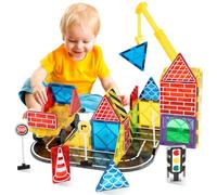 Magnetic Tiles Road Set with Extendable Magnetic Crane for Kids - STEM Educational City Construction Toys for 3 4 5 6 7 8+ Year Old Boys and Girls, Creative Building Toys, Ideal Birthday Idea (A)