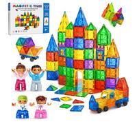 Magnetic Tiles Set 100PCS with 2 Car Bases & 4 Play Figers, Strong Magnetic Building Blocks for Kids Age 3-8 Year, STEM Educational Toy Compatible with Magna Tiles, Gift for Boys & Girls