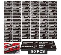 Magnetic Tool Box Labels with Icon 80 Pcs, Pre-Printed Tool Chest Drawer Markers, Sturdy Magnet Tags for Steel Rolling Cabinets & Garage Organization, 3" x 1" Black