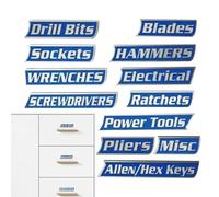 Magnetic Toolbox Labels, 12-Piece Strong Magnet - Easy to Read Printed Magnetic Labels, for Organisation and Identification of Garage Cupboard Drawers for Car Repair