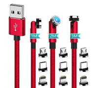Magnetic USB Charging Cable, 540 Degree Rotation USB-C Charging Cable [Pack of 3 1 m,2 m,3 m Red] Compatible with iPhone, iPad, Samsung Android Phones and Tablets, Micro USB/Type-C Connection Cable