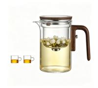 Magnetic Water Separation Glass Teapot, One Button Loose Leaf Tea Infuser Pot with Wood Handle, 3 in 1 Brew Filter Pour Maker for Home Office(600ML)