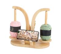 Magnetic Wooden Yarn Holder for Crocheting, Double Spindle Rotating Yarn Spool Rack, Wood Wool Holder Unwinder Yarn Winder with Cell Phone Holder and Crochet Hook Organizer (Natural Wood)