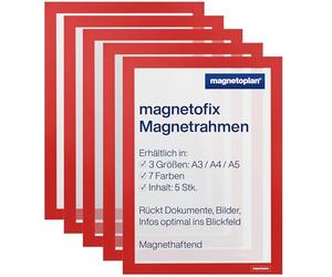 magnetoplan Magnetofix Self Adhesive Magnetic A4 Frame, 5 Pack - Magnetic Document Holder, Waterproof Frame for Signage, Folding Magnetic Information Frame - Red