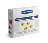magnetoplan Smiley Magnete, gelb/schwarz | Ø 40 mm | 4 Stück | Haftkraft: 7 Blatt A4 | Fröhliche Magnete zur Bürodekoration | Magnethalter für Magnettafel, Whiteboard oder Kühlschrankmagnete