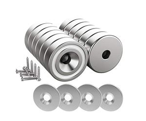 Magnetpro 12 Pieces Magnet 25 LB Force 20 x 7 mm with Countersunk Hole and Steel Capsule, Pot Magnets with Screws and 12 Steel Pads (Bright Silver)