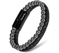 MagnetRX® Hematite & Leather Magnetic Bracelet - MAX Strength Natural Stones - Beaded Magnetic Hematite Bracelets (Large)