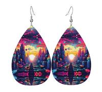 Magnificent city Pattern leather earrings | Water drop-shaped printed earrings, suitable for daily/party/dating scenes