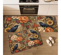 Magnificent Court Kitchen Mats for Floor Set of 2, Non Slip Washable Sink Mat Retro Black Crow, Peony Kitchen Runner Rug, Easy to Clean and Maintain Comfort Standing Mat - 43x75cm+43x150cm, Brown