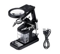 Magnifier Station - 3X/4.5X/25X USB Lighted Magnifying Glass Stand with 3 Tool Boxes, Iron Holder - for Soldering, Assembly, Hobby and Crafts