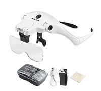 Magnifier with LED Illuminated Headband 5 Detachable Lenses 1.0X-3.5X Interchangeable Magnifier Glasses 2 Levels Brightness Increasing Tool for PCB Watch Jewelry Fence Work