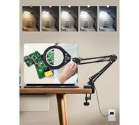 Magnifying Glass with Light, 10X & 5X Real Glass & Anti-Glare Lens, 5 Color Mode Stepless Dimmable LED Desk Magnifying Lamp, Hands-Free Desk Lamp with Clamp for Crafts Reading Repair Hobby (White)