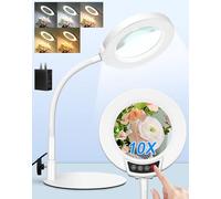 Magnifying Glass with Light and Stand, Hands Free Magnifying Lamp, 5 Color Modes 10 Dimmable Brightness, Metal Base Desk Magnifier Lamp for DIY Craft Reading Painting Sewing Hobby Detail Work White