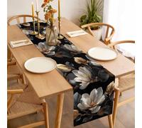 Magnolia Blossoms Table Runner 13x90 inch Retro White Floral Black Gold Leaf Branch Cotton Linen Dining Table Runner Ideal for Dresser Kitchen Coffee Tables - Machine Washable