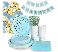Magnolia Blue Disposable Paper Tableware Party Plates, Cups, Napkins, Straws With Gold Dot - Dinnerware With Banner, 5 Gold Confetti And 5 Blue Balloons For Birthday 25 Guests - 136 Pack
