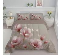 Magnolia Butterfly Reversible Coverless Duvet King Lightweight and Warm Bedding Chinese Flowers Down Alternative with Pillow Shams for All Seasons 240x220cm Beige Brown