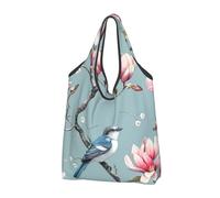 Magnolia Flower Foldable Shopping Bag Reusable Grocery Bags Chinese Bird Portable Travel Pounch for Camping Daily Use