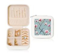 Magnolia Flower Small Jewellery Box Chinese Bird PU Leather Travel Jewellery Organizer for Women Girls Storage Case for Rings Earrings Necklaces Bracelets