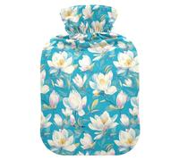 Magnolia Flowers Light Cyan Hot Water Bottle with Soft Cover, 2L Warm Compress for Tummy Warmer