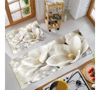 Magnolia Kitchen Mats Sets, 2 Piece 3D Flowers Kitchen Rugs, Waterproof Non-slip Anti-Fatigue Home Runner Washable Standing Floor Mats 43x75cm+43x150cm White