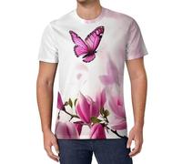 Magnolia Plant Flora Butterfly Men's T-Shirts Classic Short Sleeve Crew Neck Tee Summer Casual Tops Graphic XL