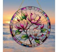 Magnolia Tree Blooms Stained Windows Hanging Suncatcher,Flower Stained Glass Suncatchers Window Ornament Stained Glass Panel Sun Catcher Wall Hanging Decor Birthday Gifts