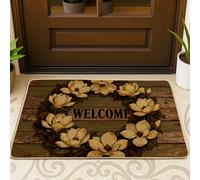 Magnolia Welcome Door Mat, Rustic Natural Wreath Wood Spring Brown Washable Low Profile Under Doormat Rug for House Office Outside Inside Entrance Decor 29x17 Inch