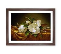 Magnolias On Gold Velvet By Martin Johnson Heade Classic Painting Framed Print | A2 Walnut Framed Wall Art | Ready to Hang | Classic Historical Picture | Living Room Bedroom Lounge Office