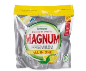 Magnum Premium All-in-One Dishwasher Tablets - Lemon Triple Chamber Dishwasher Capsules, Original Formula, Powerful Grease & Tough Stain Removal, Short Cycle Cleaning, Resealable Pack (37 Tablets)
