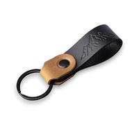 MAGOR Compact Leather Keyring for Men & Women - Personalised Black Full Grain Leather Keychain with Black Crazy Horse Accent, Car Keyring, Hot Embossed Design, Gift for Him Her Mum Dad (Mountains)