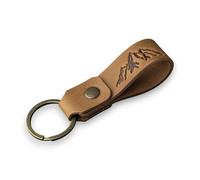 MAGOR Compact Leather Keyring for Men & Women - Personalised Crazy Horse Leather Keychain in Tan, Car Keyring, Hot Embossed Design, Gift for Him Her Mum Dad (Mountains)