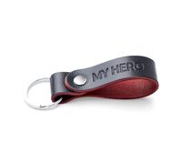 MAGOR Full Grain Leather Keyring Personalised Keychain for Men Women, Car Keyring for Home Keys, Elegant Black with Red Interior Key Ring, Hot Embossed Design, Premium Gift for Him Her (MY HERO)
