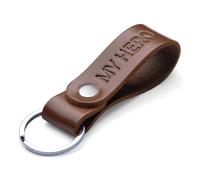 MAGOR Handmade Full Grain Leather Keyring Personalised Keychain for Men Women Car Keys Gift for Him Her Dad Husband Premium Hot Embossed Brown Leather Loop in Gift Box (MY HERO)
