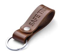 MAGOR Handmade Full Grain Leather Keyring Personalised Keychain for Men Women Car Keys Gift for Him Her Dad Husband Premium Hot Embossed Brown Leather Loop in Gift Box (SAFE TRIP)