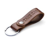 MAGOR Handmade Full Grain Leather Keyring Personalised Keychain for Men Women Car Keys Gift for Him Her Dad Husband Premium Hot Embossed Brown Leather Loop in Gift Box (TAKE CARE)