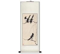 Magpie Auspicious Art Scroll Painting, Chinese Handmade Wall Hanging, Corridor Feng Shui Decor, Birthday Gift Collection(Creamy white C,119 * 40cm)