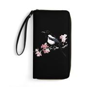 Magpie Bird Perched on Flower Long Pouch Slim Clutch Wallet Purse