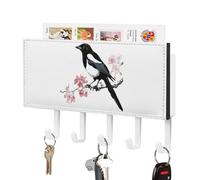 Magpie Bird Perched on Flower Wall Mounted Key Holder Organizer with 5 Hooks Keys Hanger Rack Home Decor