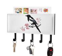 Magpie Bird Perched on Flower Wall Mounted Key Holder Organizer with 5 Hooks Keys Hanger Rack Home Decor