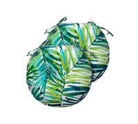 Magpie Fabrics 15" Round Bistro Seat Cushions with Ties, Set of 2, Waterproof All Weather Tufted 4" Thick Patio Chair Pads for Home Garden Dining Metal Stool - Green Palm Leaves