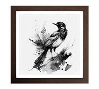 Magpie Ink Wash Framed Print | 18x18 Inch Walnut Framed Wall Art | Ready to Hang | Modern Nature Picture | Living Room Bedroom Lounge Office