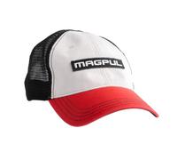 Magpul Unisex's Trucker Hat Snap Back Baseball Cap, One Size Fits, Wordmark Garment Washed Stone/Black/Red
