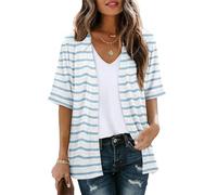 Magritta Lightweight Cardigans for Womens Kimono Casual Loose Short Sleeves Open Front Long Cardigan Sweaters Summer Jacket Boho Beach Cover Ups White Blue Striped Small, 8-10