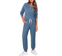 Magritta Lounge Wear Sets for Women Button Down Plain Tracksuit with Pocket Plus Size Co-ord Set Long Sleeve Tops and Wide Leg Joggers Ladies Fashion Clothes 2 Piece Outfits Blue Medium, 12-14