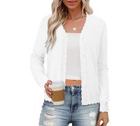 Magritta Women's Long Sleeve Open Front Cardigans Button Down V Neck Lightweight Cardigan Jumpers Scalloped Boleros Shrugs Ladies Tops Clothes White Medium, 12-14