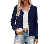 Magritta Women's Long Sleeve Open Front Cardigans Button Down V Neck Lightweight Cardigan Jumpers Scalloped Boleros Shrugs Ladies Tops Clothes Navy White Medium, 12-14