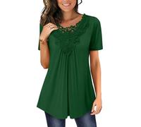 Magritta Womens Tunic Tops Ladies Shirt Summer Short Sleeve Lace Crewneck Blouses Fashion Loose Vintage Work Swing Tops for Leggings Green Small